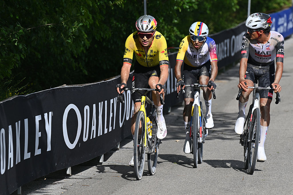 SIENA ITALY MAY 18 LR Wout Van Aert of Belgium and Team Visma Lease a Bike Egan Bernal of Colombia and Team INEOS Grenadiers and Isaac Del Toro of Mexico and Team UAE Team Emirates XRG compete in the breakaway during the 108th Giro dItalia 2025 Stage 9 a 181km stage from Gubbio to Siena UCIWT on May 18 2025 in Siena Italy Photo by Tim de WaeleGetty Images