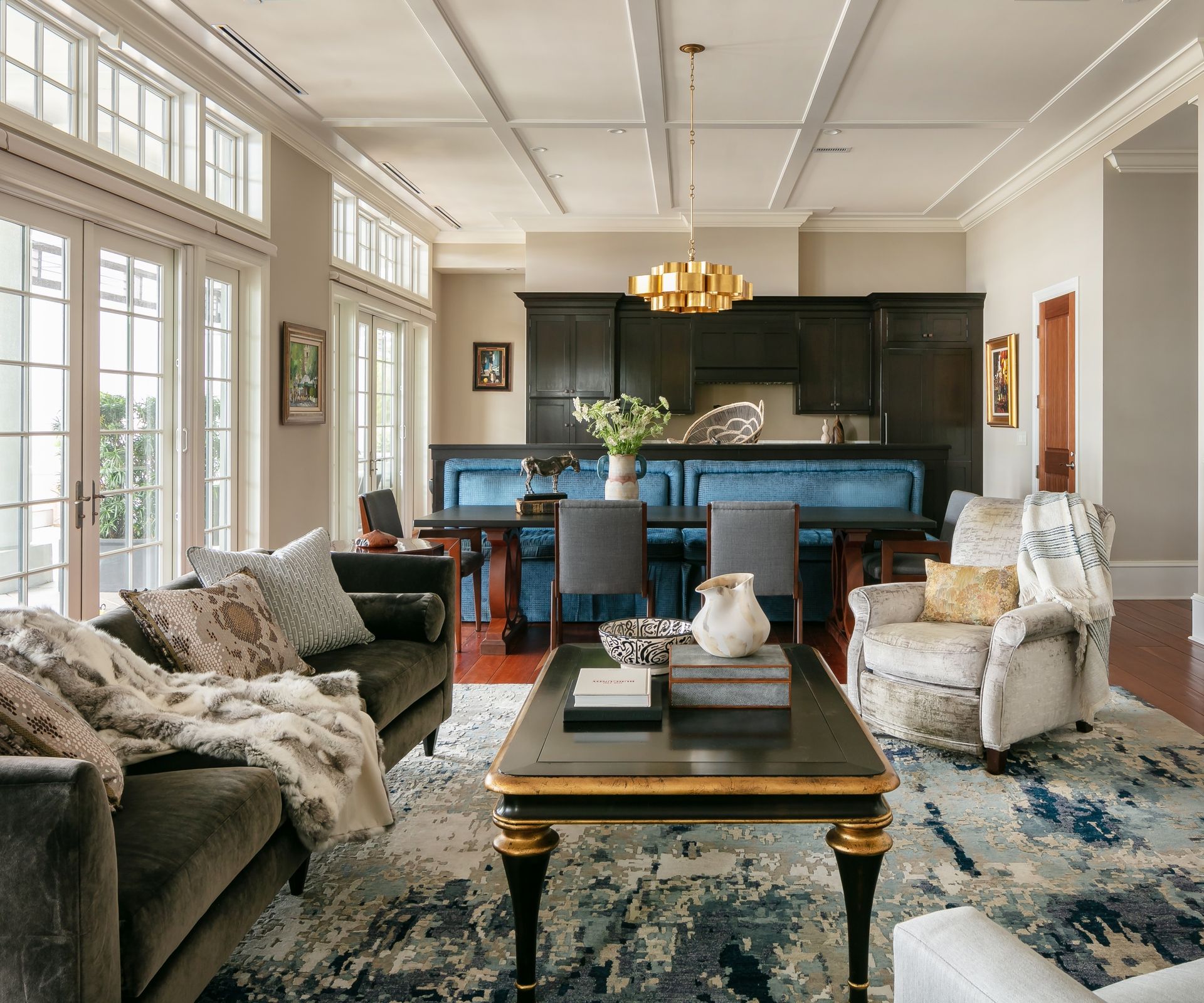 beige living room with green sofa