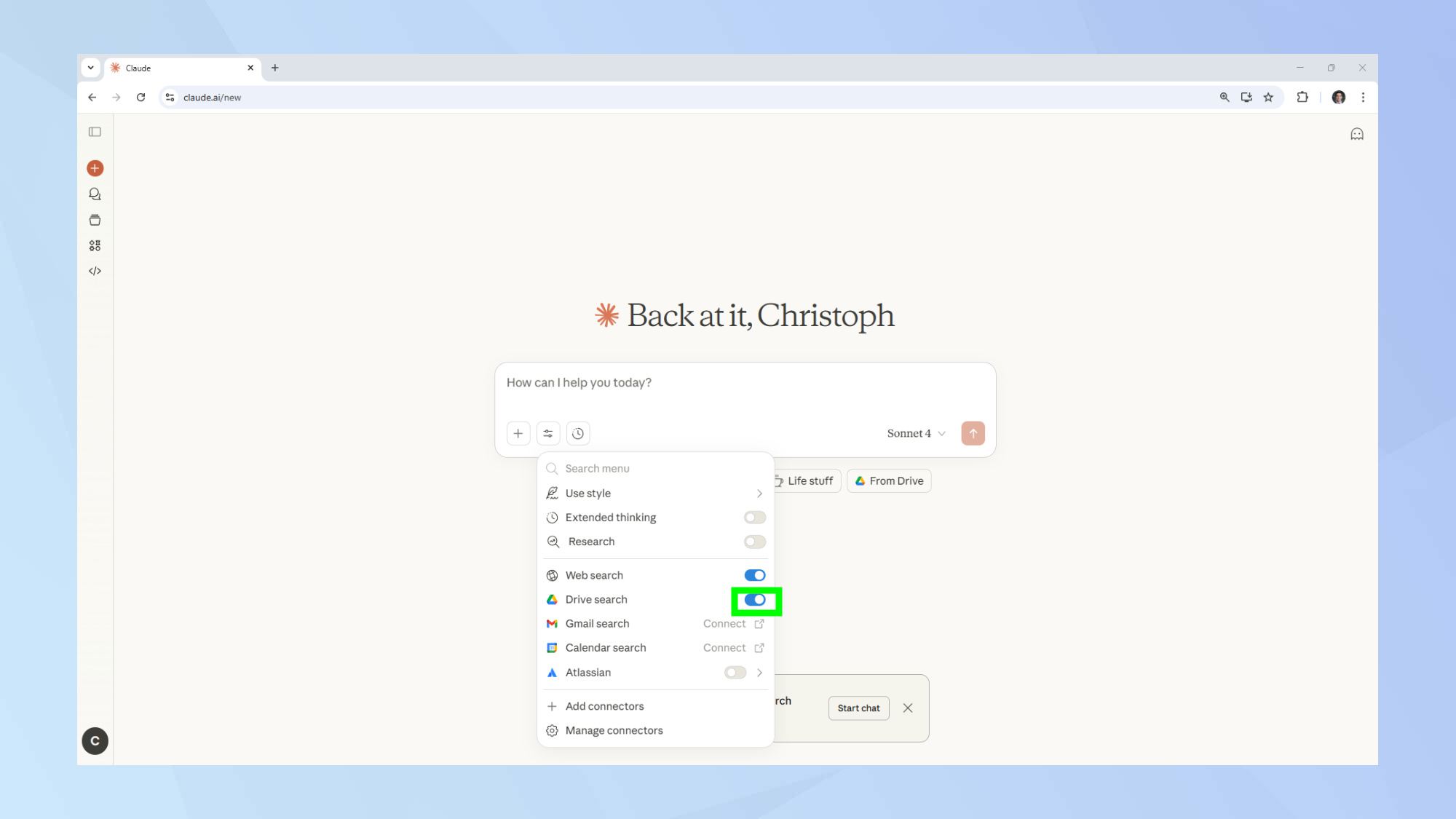 Claude connector toggled on