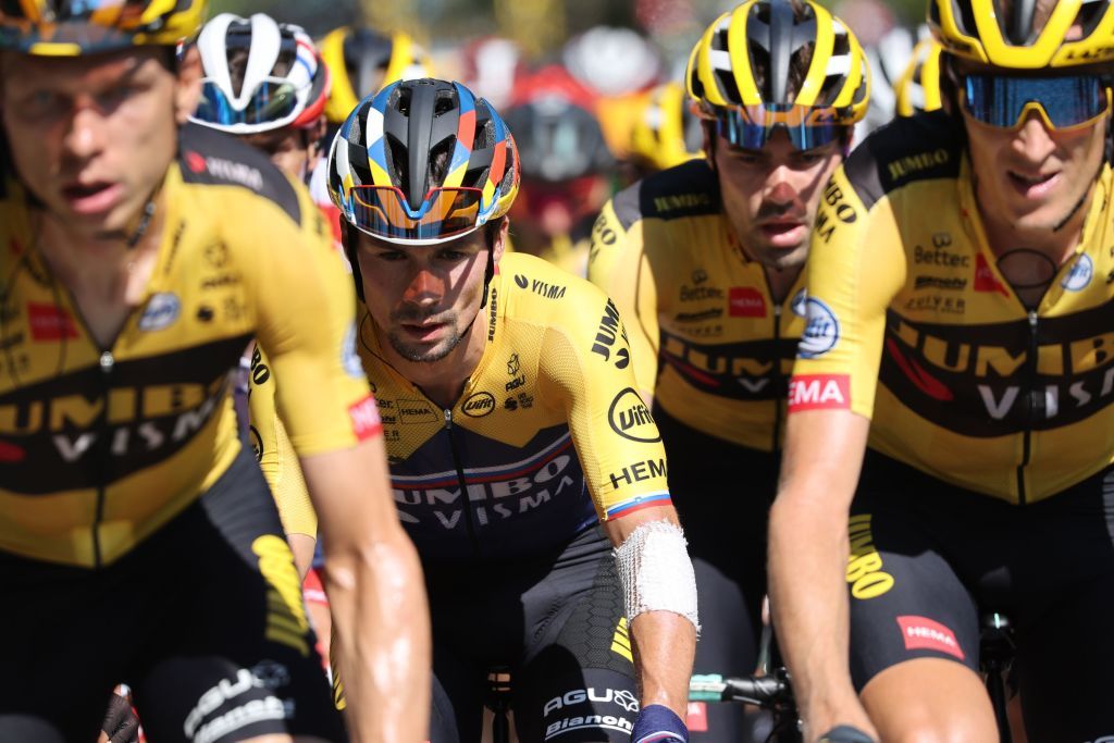 Team Jumbo rider Slovenias Primoz Roglic 2ndL rides in the pack during the 8th stage of the 107th edition of the Tour de France cycling race 140 km between CazeressurGaronne and Loudenvielle on September 5 2020 Photo by KENZO TRIBOUILLARD AFP Photo by KENZO TRIBOUILLARDAFP via Getty Images