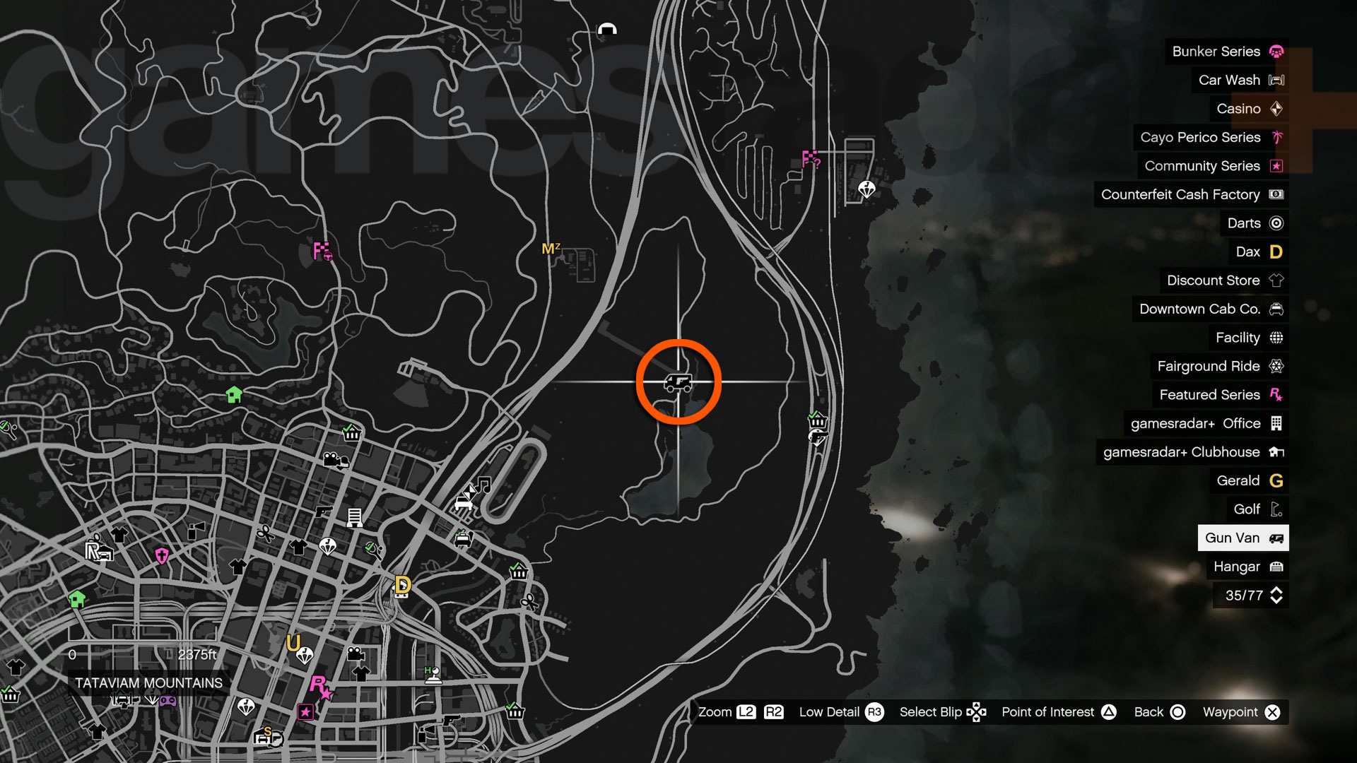 GTA Online Gun Van map showing Tataviam Mountains location
