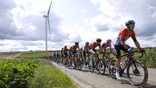 The peleton passing a windmill on the Renewi Tour.