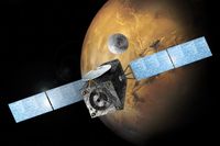 Artist's illustration of Europe's ExoMarsTrace Gas Orbiter releasing the Schiaparelli landing demonstrator near Mars.