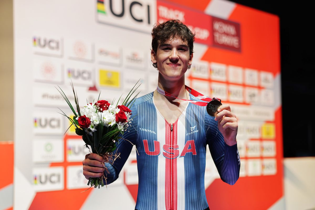 Ashlin Barry (USA) poses with silver medal he earned after Points Race to finish second in elite men&#039;s Omnium at UCI Track Nations Cup in Konya, Turkey