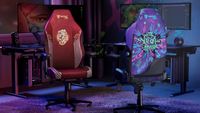 Two Secretlab TITAN Evo chairs with the SKINS Lite designs for Vi and Jinx from Arcane installed in a red and purple room.