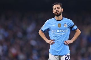 Bernardo Silva of Manchester City during the Premier League match between Manchester City FC and Arsenal FC at Etihad Stadium on September 22, 2024 in Manchester, England.