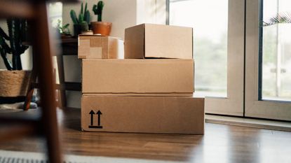 Cardboard boxes stacked in a living room