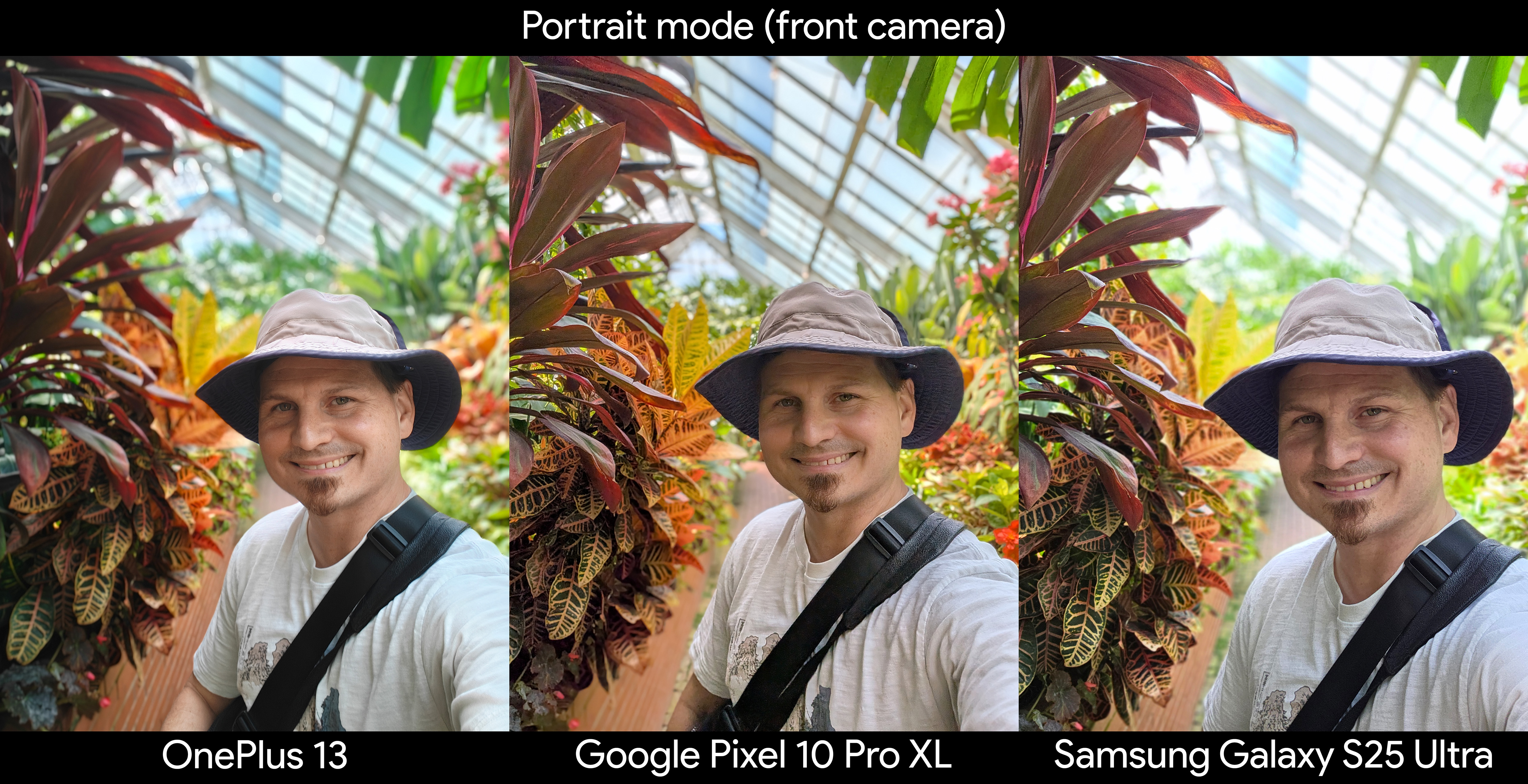 Comparing portrait mode photos from the front-facing camera between the Google Pixel 10 Pro XL, Samsung Galaxy S25 Ultra, and OnePlus 13