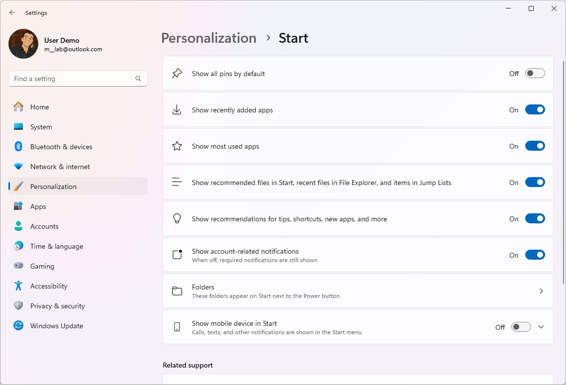Updated Start settings page