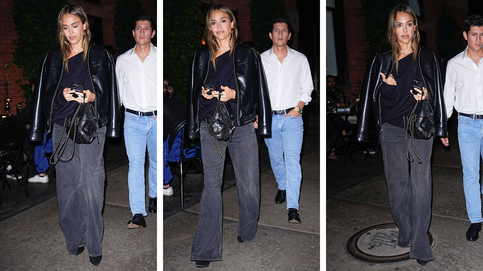 Jessica Alba wearing grey wide leg jeans