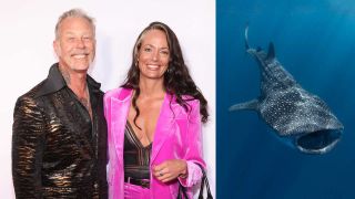 James Hetfield and Adriana Gillett (red carpet shot) and a whale shark 