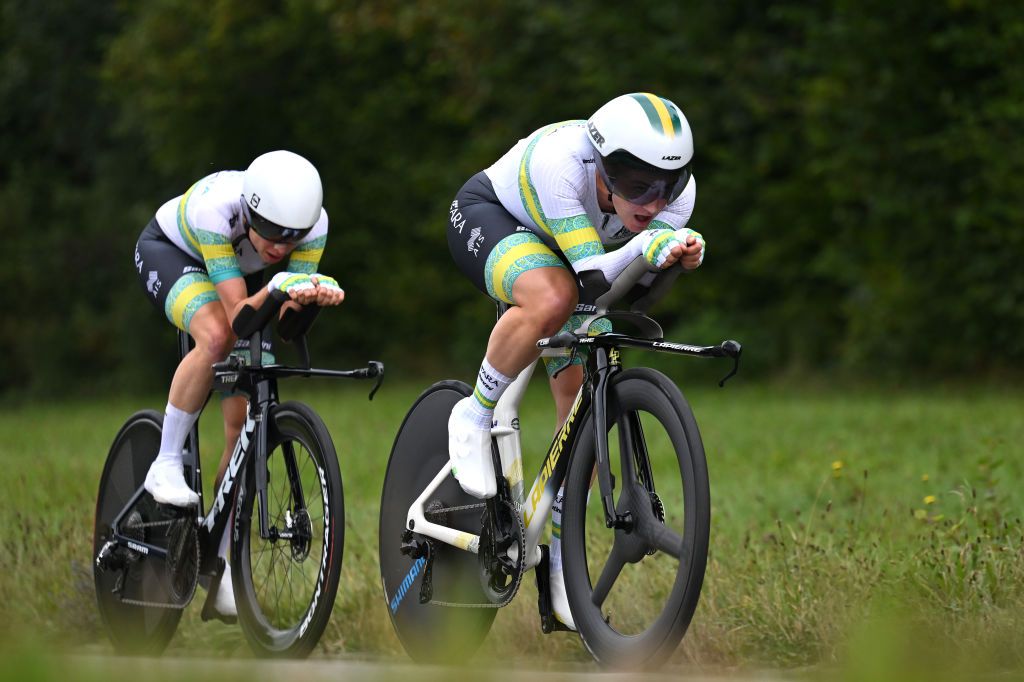 ZURICH SWITZERLAND SEPTEMBER 25 Grace Brown and Brodie Chapman of Team Australia sprint during the 97th UCI Cycling World Championships Zurich 2024 Mixed Relay Team Time Trial a 537km one day race from Zurich to Zurich on September 25 2024 in Zurich Switzerland Photo by Tim de WaeleGetty Images