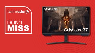 Samsung Odyssey G70B against a red TechRadar deals background