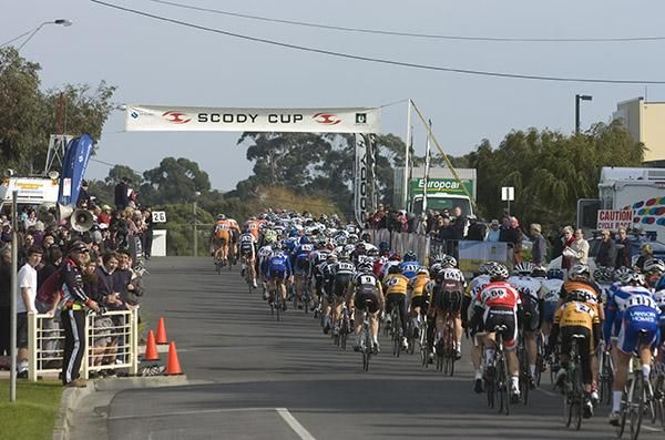 The peloton make its way along the home straight in Wonthaggi during the 33km opening stage criterium.