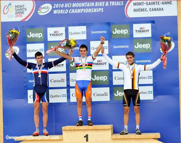 Junior men's cross country podium: Julien Trarieux (France), Michiel Van Der Heijden (Netherlands), Julian Schelb (Germany)