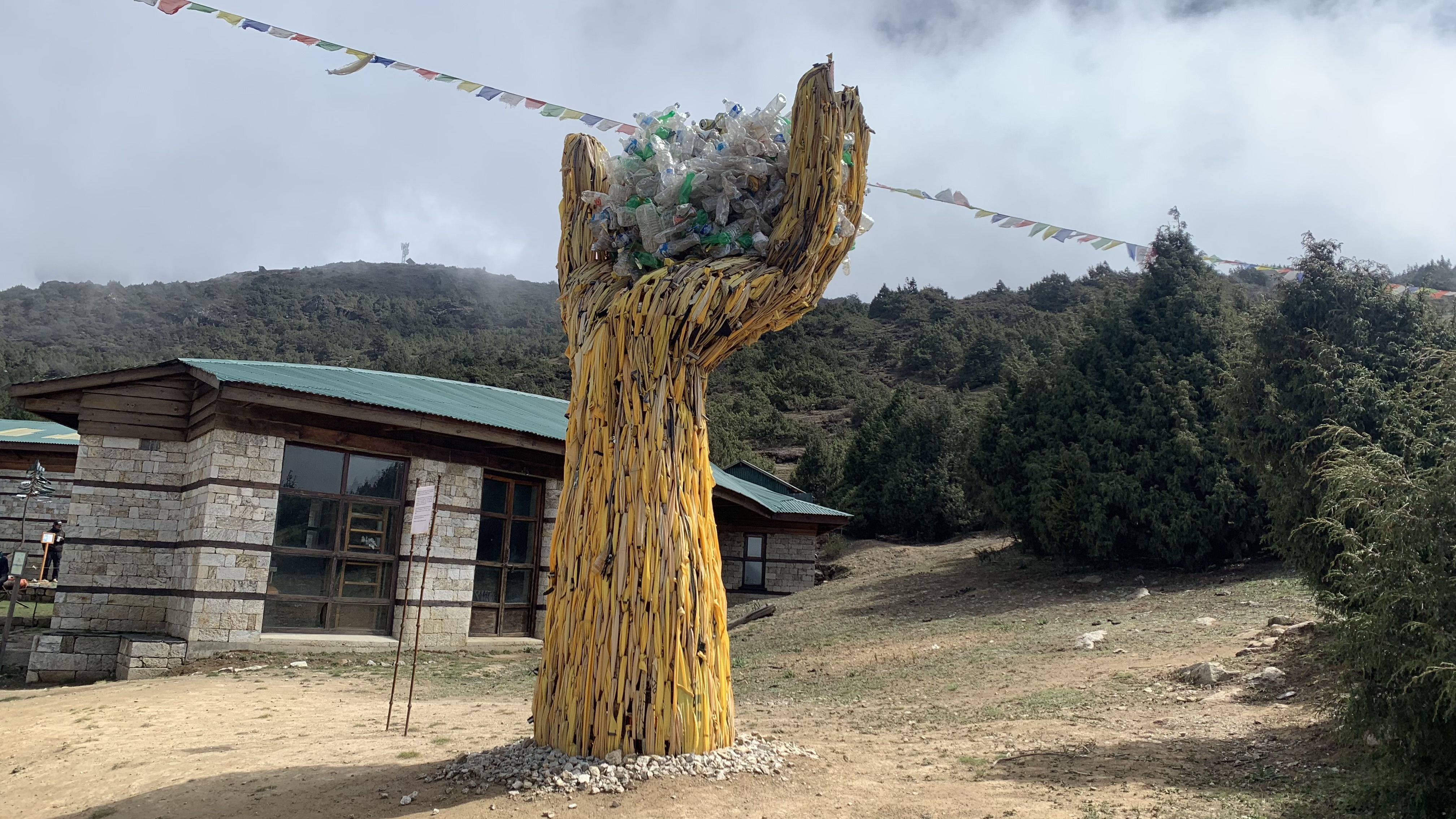 A sculpture made with trash at the Sagarmatha Next facility