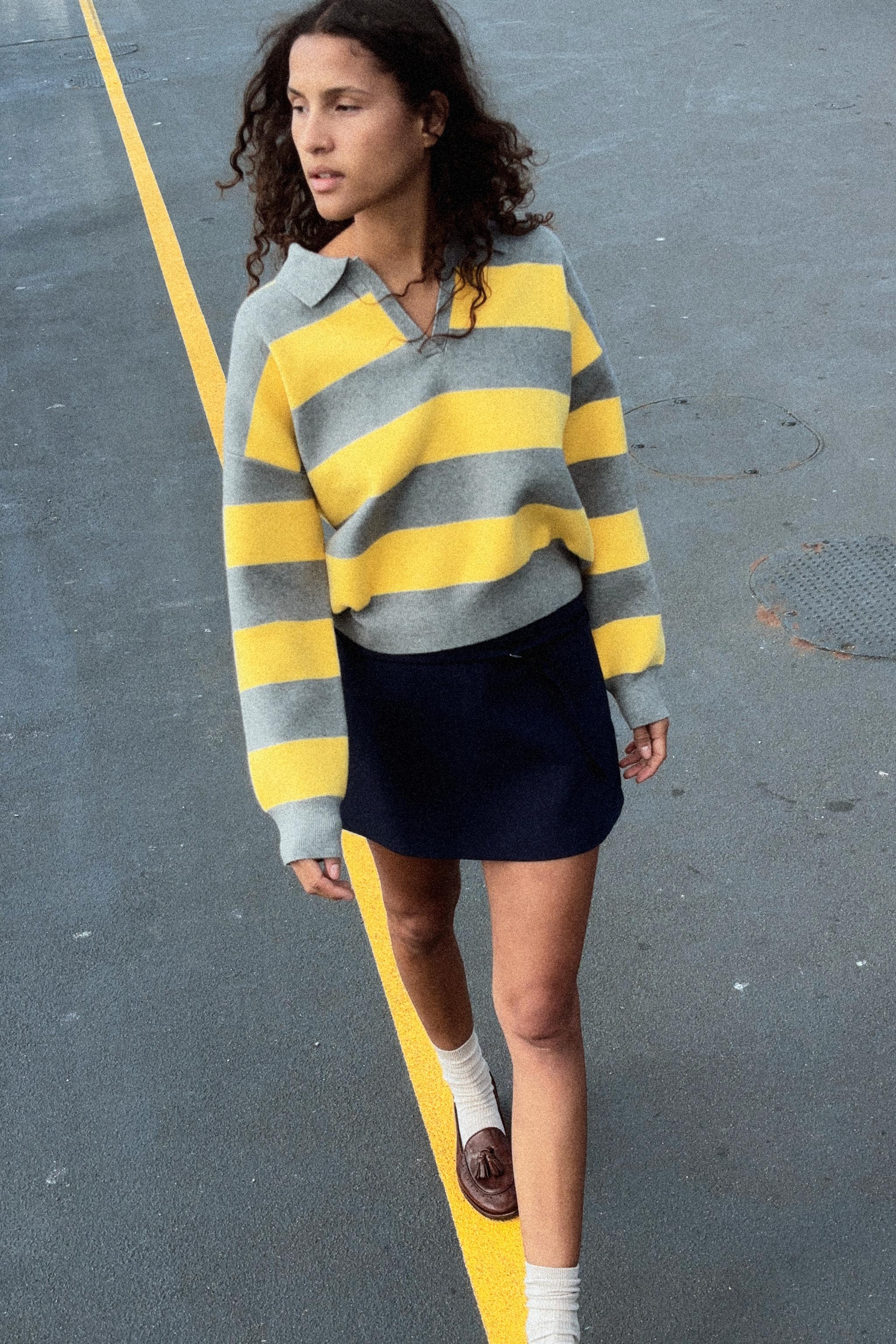 Striped Knit Polo Neck Sweater