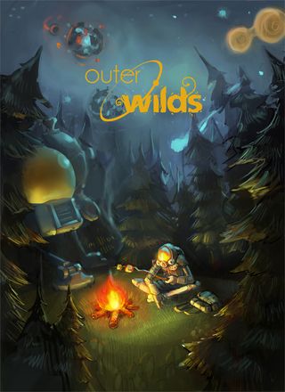 An alien heating marshmallows over a campfire, the cover art of Outer Wilds