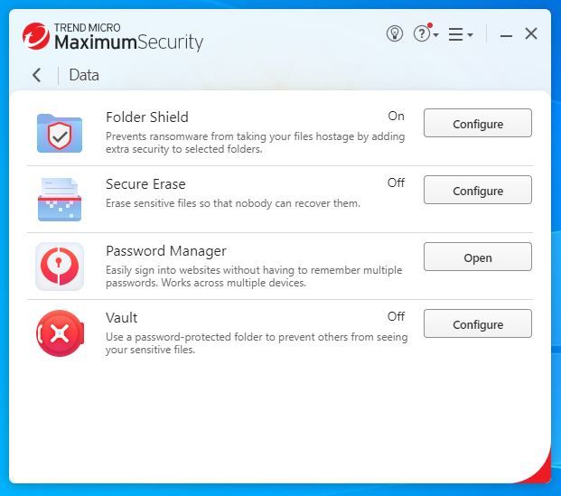 Screenshot of Trend Micro data protections on a Windows computer