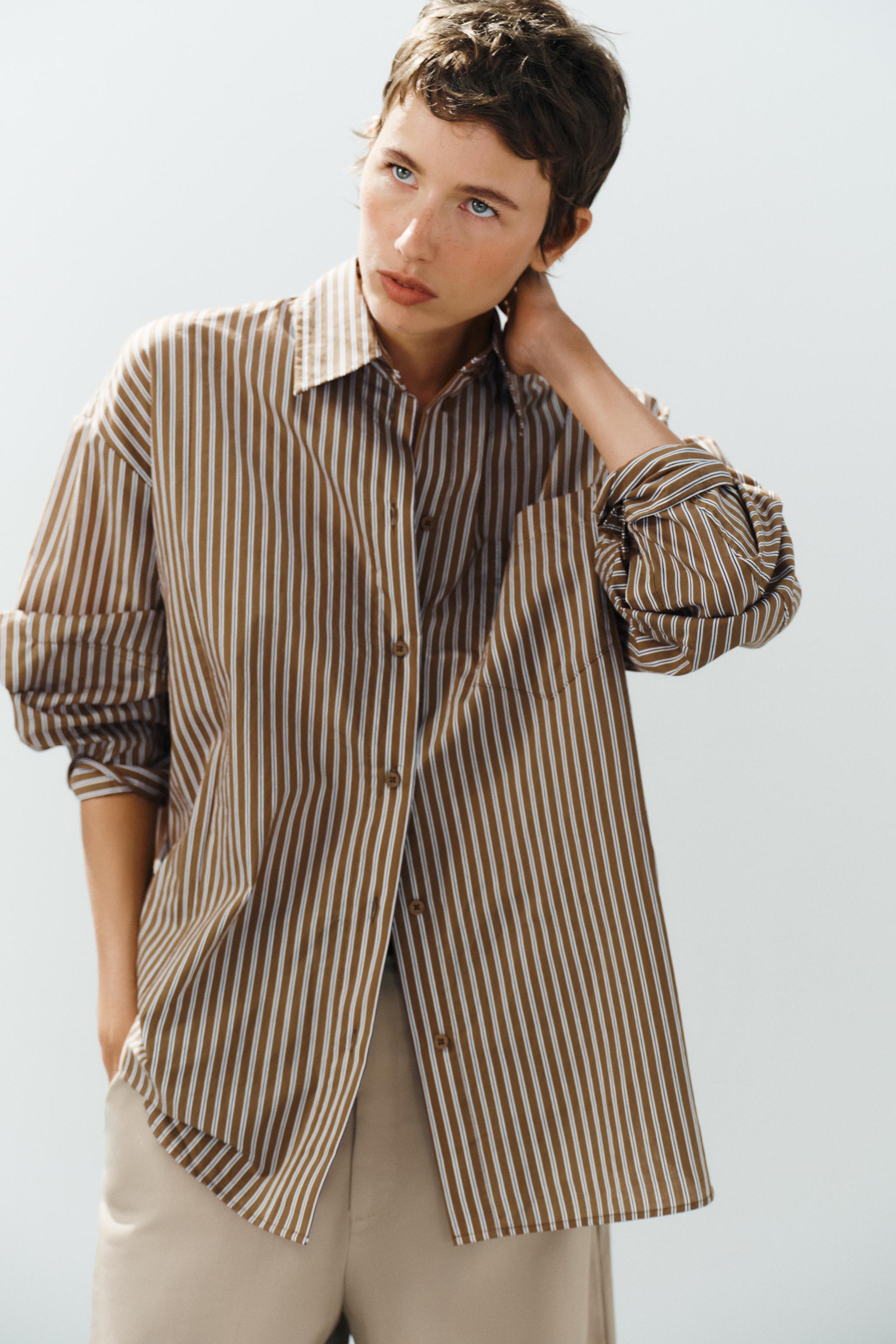 Oversized Striped Pocket Shirt - Brown-Blue - Xs