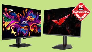 MSI and Koorui gaming monitors on a green background with the PC Gamer recommended logo in the top right