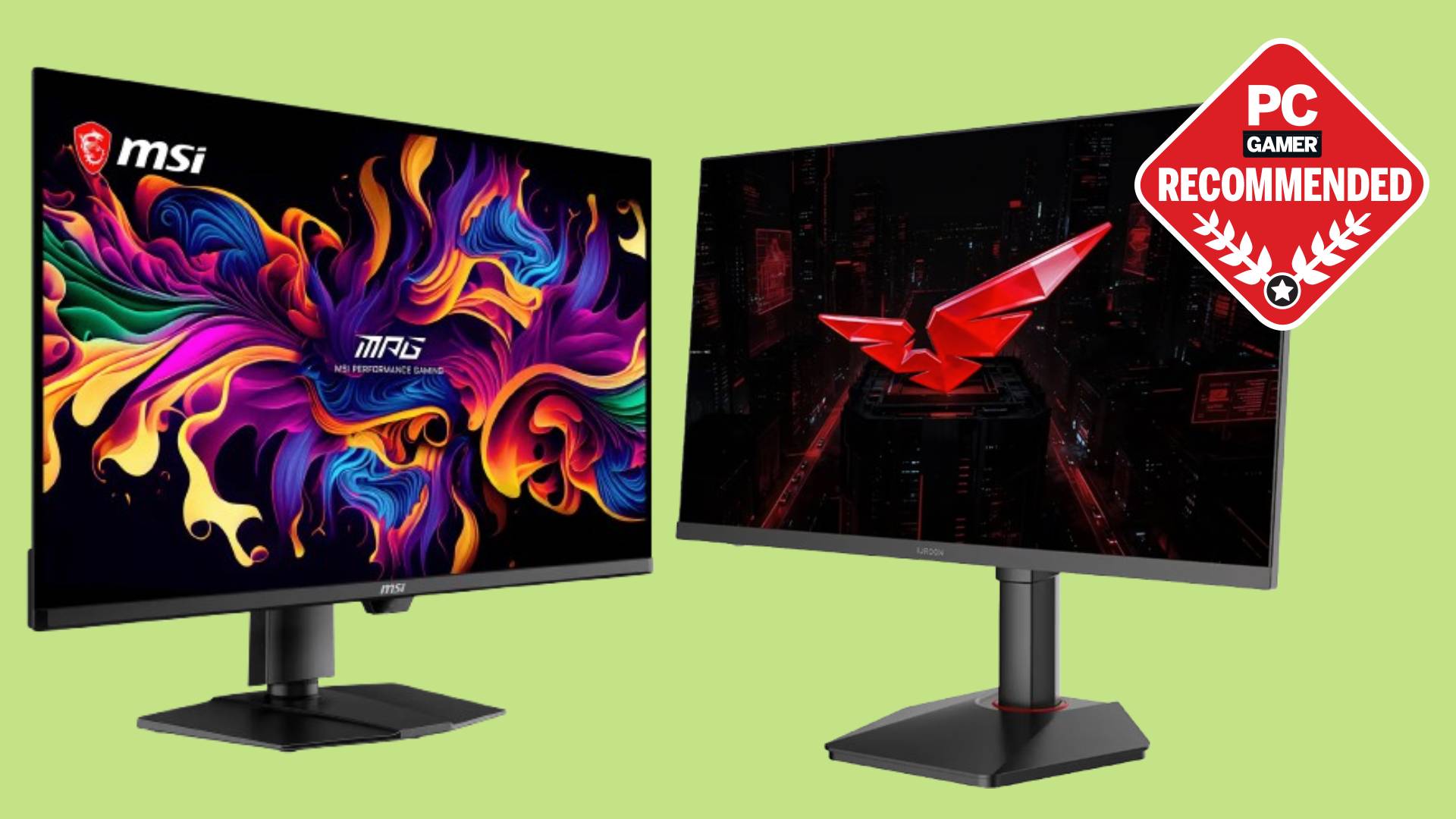 MSI and Koorui gaming monitors on a green background with the PC Gamer recommended logo in the top right