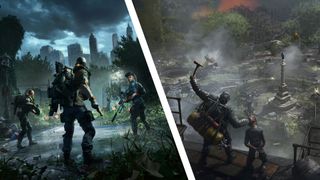 A two-way split image of screenshots and artwork from the upcoming Division 2 DLC, Echoes of Central Park