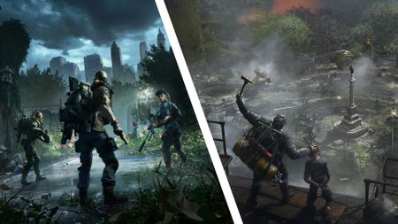 A two-way split image of screenshots and artwork from the upcoming Division 2 DLC, Echoes of Central Park
