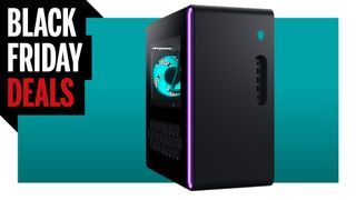 Black Alienware PC case with pink LED strip on a blue background with Black Friday Deals logo