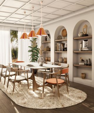 Bright neutral dining room with mid-century furniture and arched built in shelves tastefully curated with decor