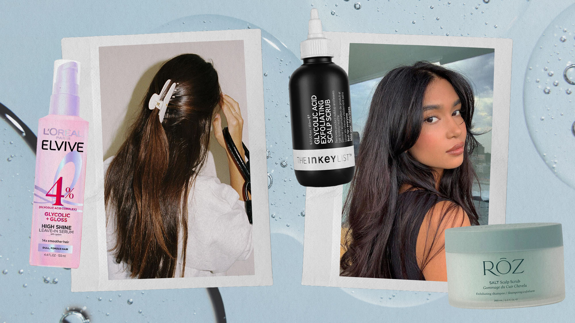 Collage of strong, shiny hair and glycolic acid haircare products