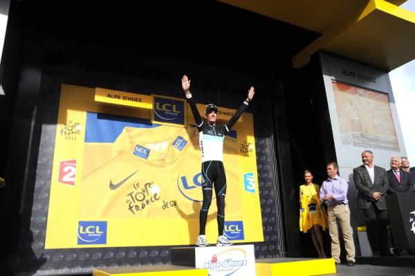 Andy Schleck (Leopard Trek) on the podium, about to take yellow