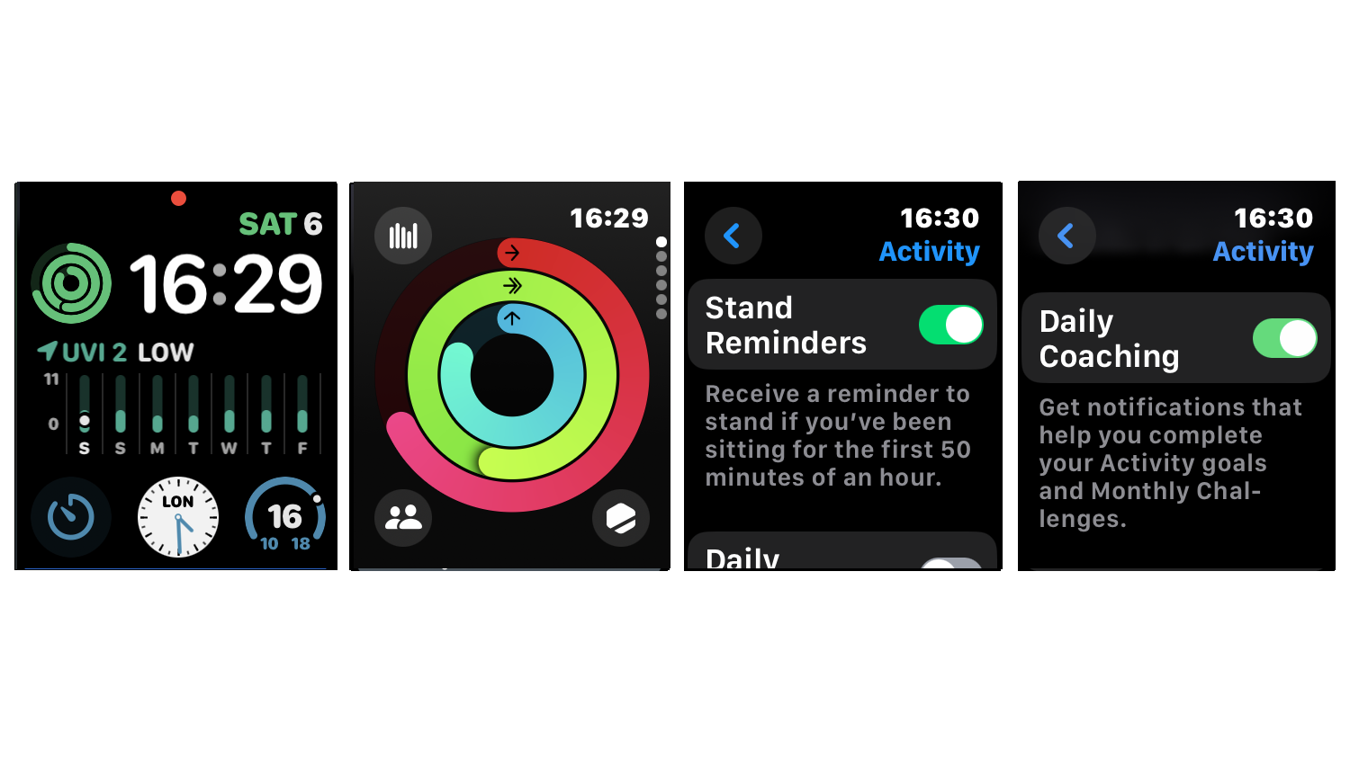 Screenshots of the Apple Watch app showing the movement stats