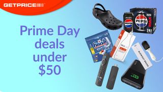 Blue background with text that says Prime Day deals under $50 with red GetPrice header in top left corner and images of products included in the sale on right hand side including Crocs, Pepsi Max cans, dishwasher tablets and more