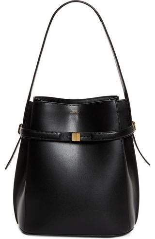 Toteme Belted Leather Bucket Bag in black with a belt and gold hardware