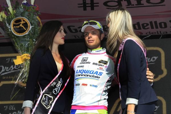 Damiano Caruso (Liquigas-Cannondale) in white on the podium.