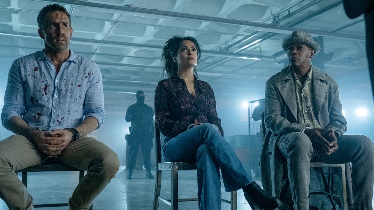 From left, Ryan Reynolds, Salma Hayek and Samuel L. Jackson in &quot;The Hitman&#039;s Wife&#039;s Bodyguard.&quot;