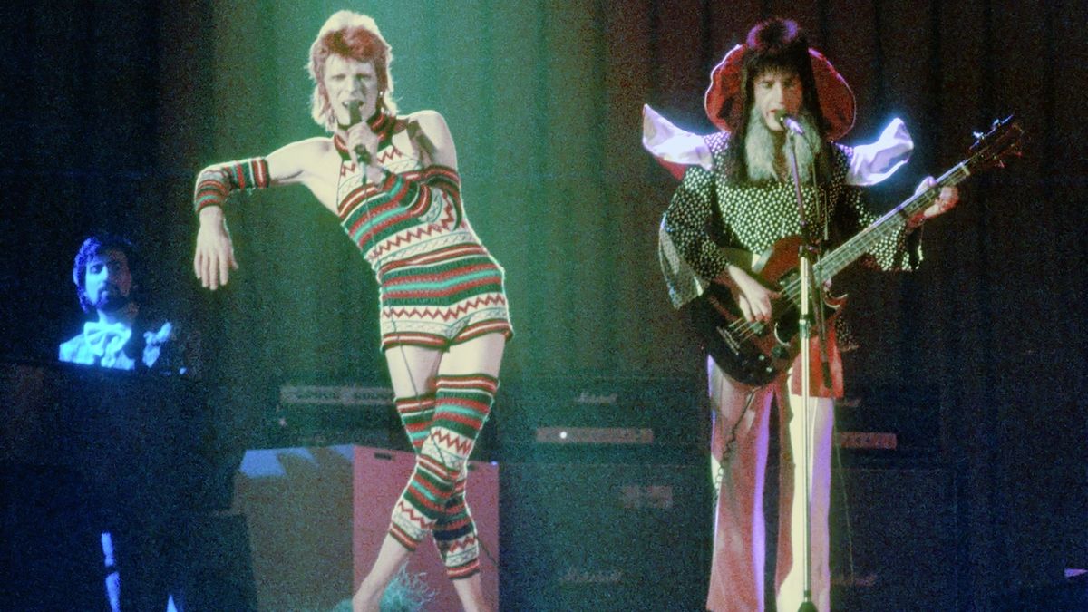 Musician David Bowie performs onstage with bass player Trevor Bolder (1950-2013) during his &quot;Ziggy Stardust&quot; era in 1973 in Los Angeles, California. 