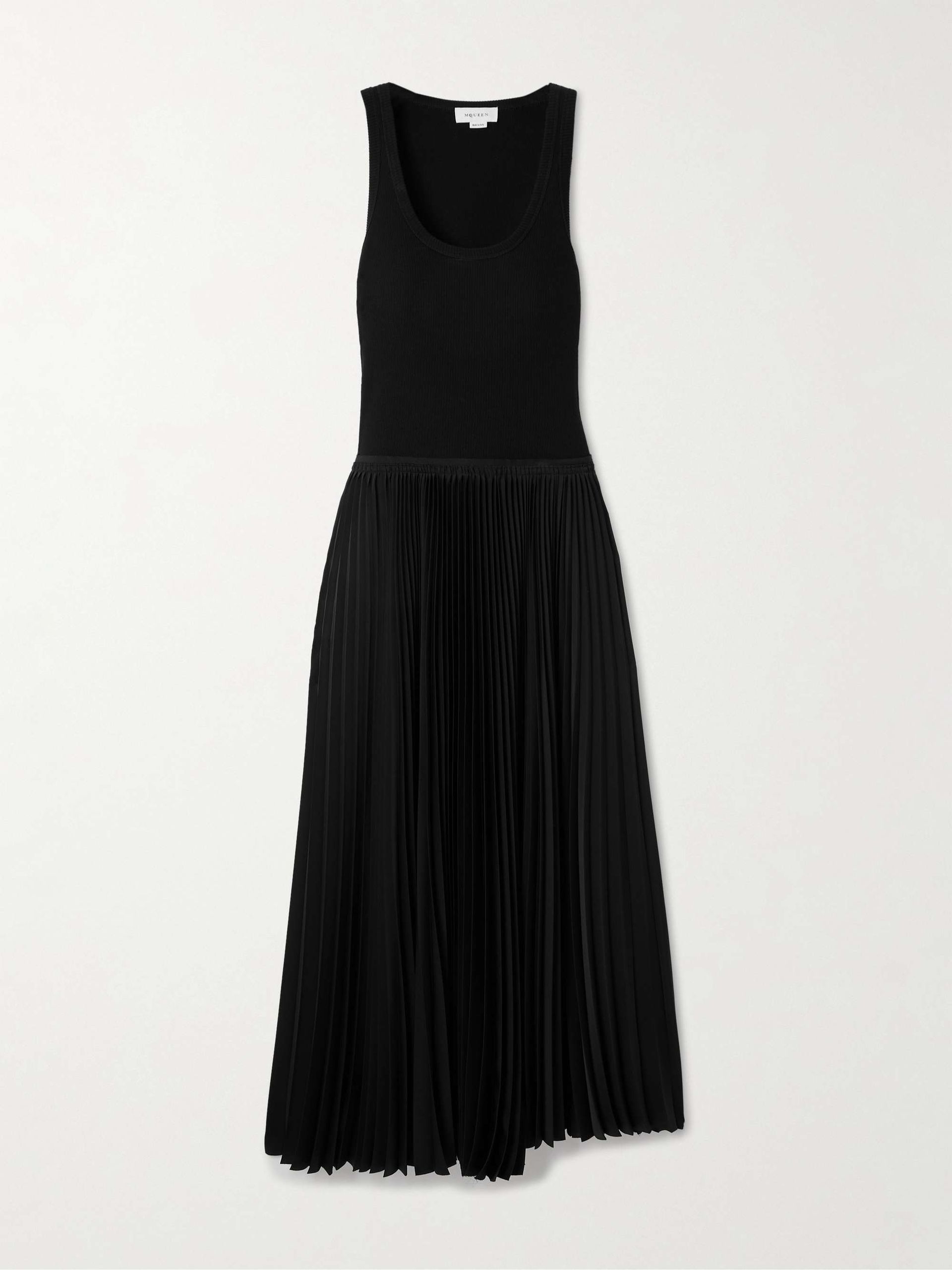 Pleated Satin and Stretch-Cotton Jersey Midi Dress