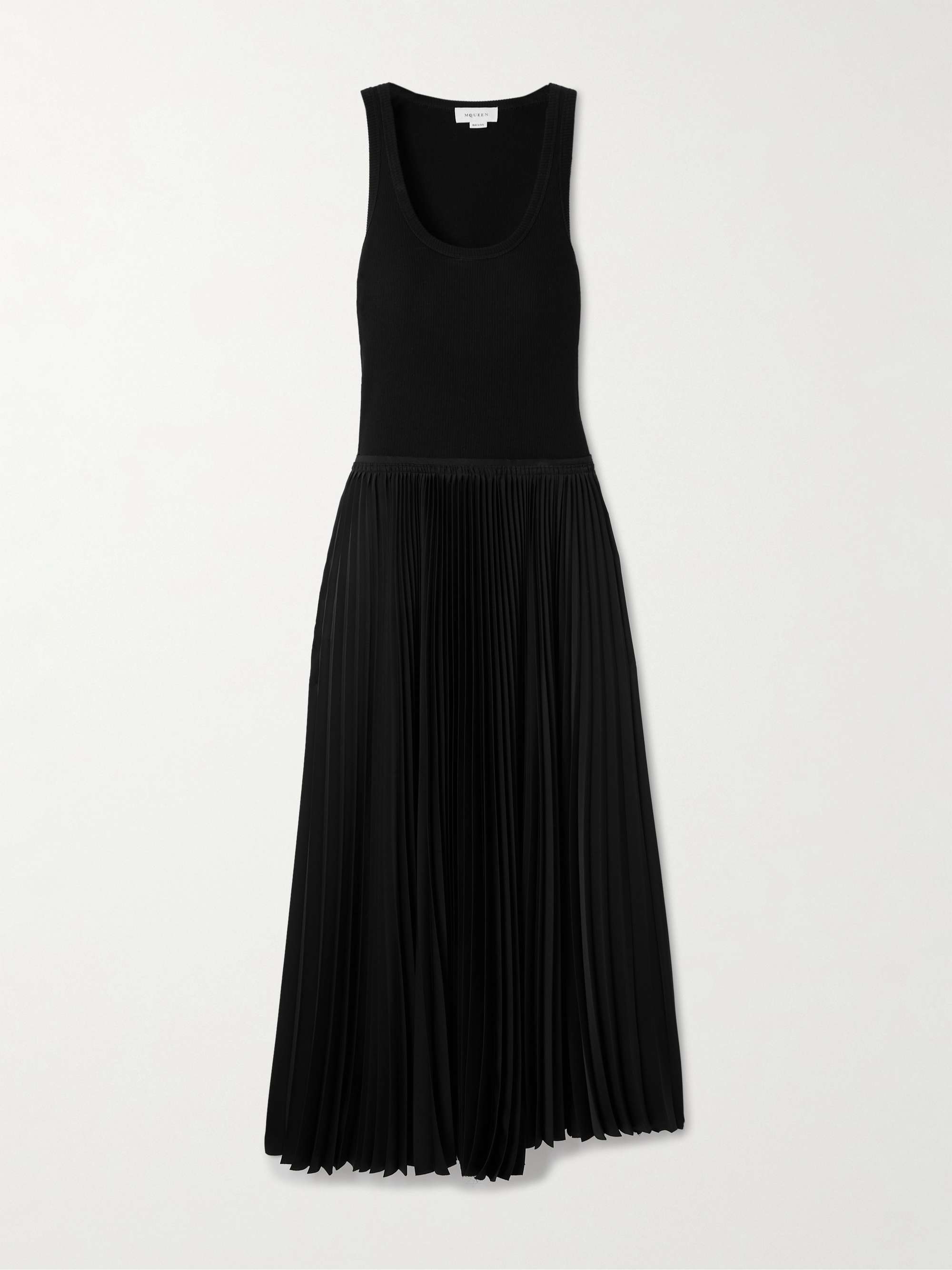 Pleated Satin and Stretch-Cotton Jersey Midi Dress