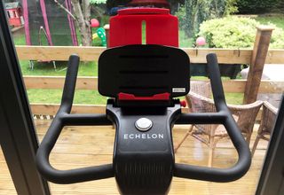 Echelon EX3 Smart Connect Max Exercise Bike review: close up of the handlebars and device holder