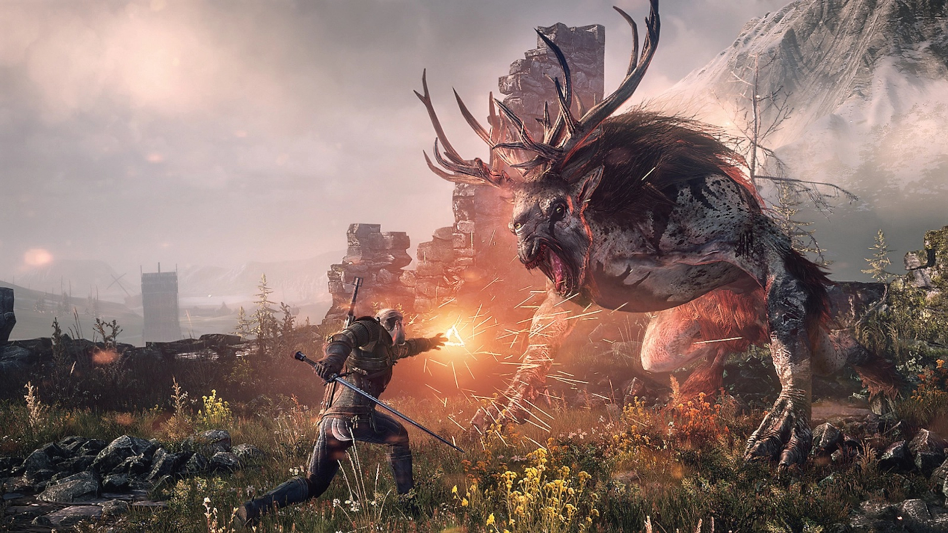 In The Witcher 3: Wild Hunt, Geralt casts the Igni sign spell against a big Fiend creature, which has antlers and deer-like features