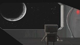 A chunky robot stares out a window at a moon