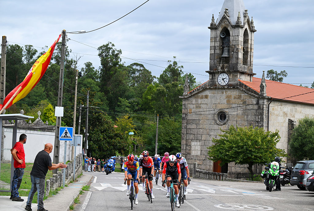CASTRO DE ERVILLE, SPAIN - SEPTEMBER 09: (L-R) Andrea Bagioli of Italy and Team Lidl - Trek, Bob Jungels of Luxembourg and Team INEOS Grenadiers, Victor Guernalec of France and Team Arkea - B&amp;amp;B Hotels and Nico Denz of Germany and Team Red Bull - BORA - hansgrohe compete in the breakaway during the La Vuelta - 80th Tour of Spain 2025, Stage 16 a 167.9km stage from Poio to Mos. Castro de Herville on September 09, 2025 in Castro de Erville, Spain. (Photo by Tim de Waele/Getty Images)