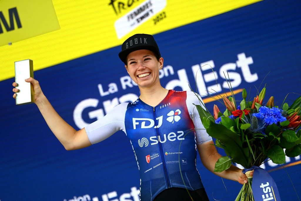 ROSHEIM FRANCE JULY 29 Marie Le Net of France and Team Fdj Nouvelle Aquitaine Futuroscope celebrates at podium Most Combative Rider Prize winner during the 1st Tour de France Femmes 2022 Stage 6 a 1286km stage from SaintDidesVosges to Rosheim TDFF UCIWWT on July 29 2022 in Rosheim France Photo by Tim de WaeleGetty Images