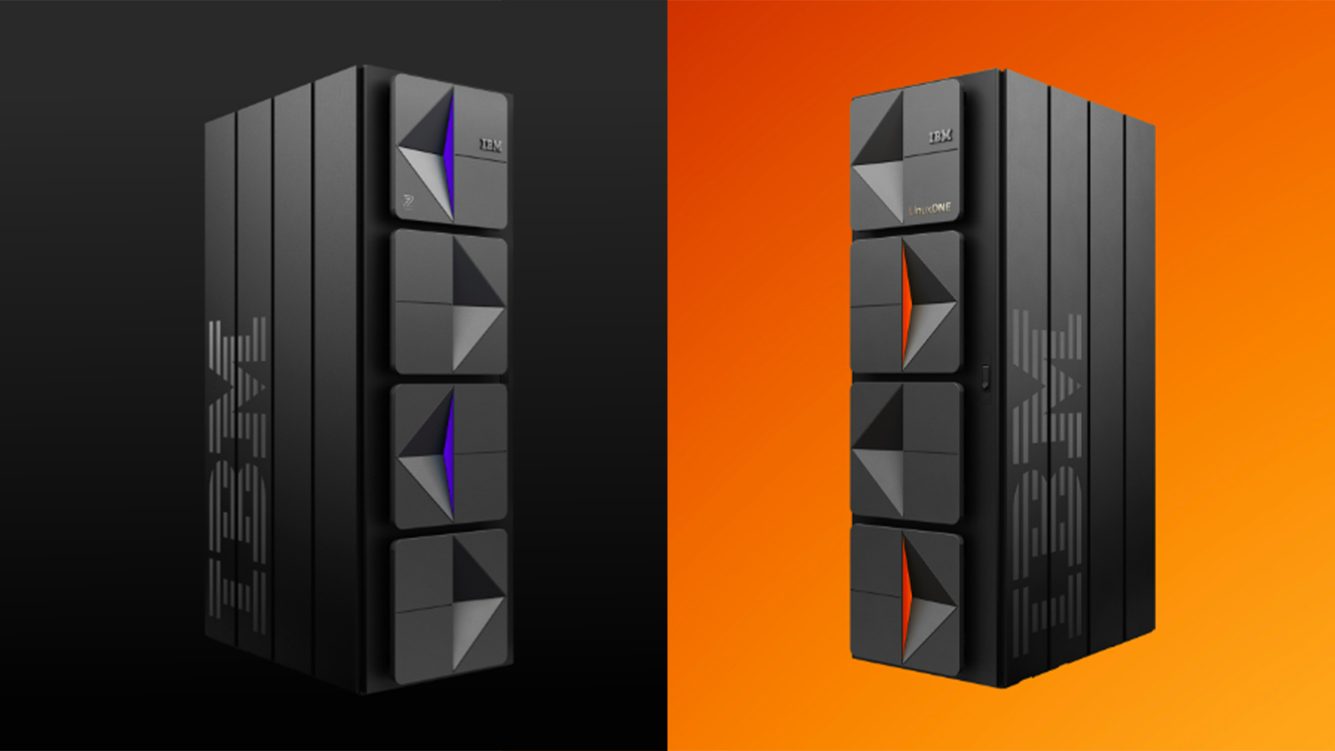 IBM promotional image featuring the IBM z17 (left) mainframe server rack and LinuxONE 5 (right) server rack side-by-side.