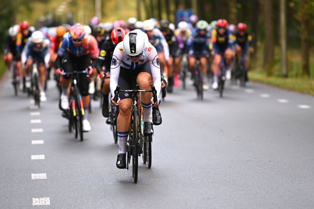 ARNHEM NETHERLANDS OCTOBER 13 Anniina Ahtosalo of Filand and Team UnoX Mobility leads the peloton during the 26th Simac Ladies Tour 2024 Stage 6 a 1458km stage from Arnhem to Arnhem UCIWWT on October 13 2024 in Arnhem Netherlands Photo by Luc ClaessenGetty Images