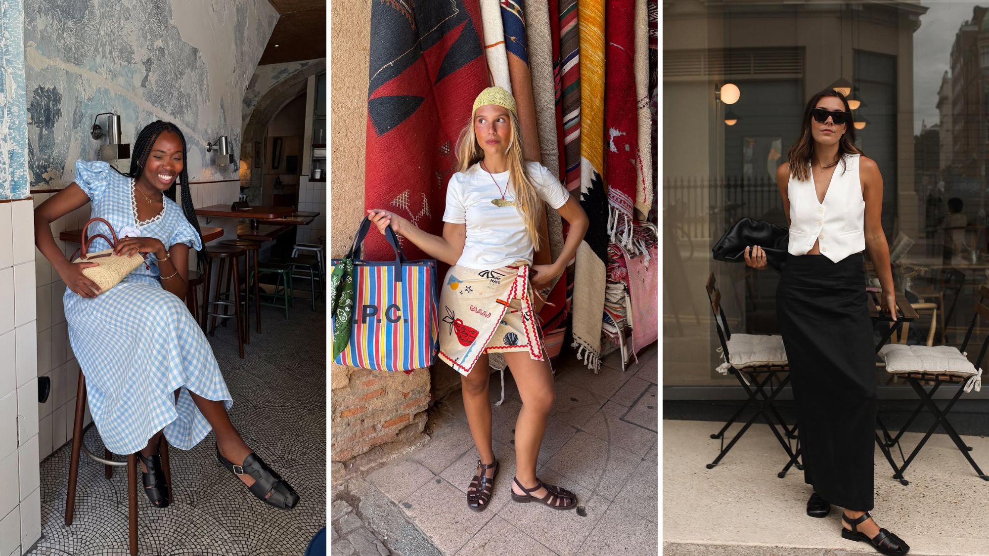 three influencers wearing fisherman sandals for spring/summer