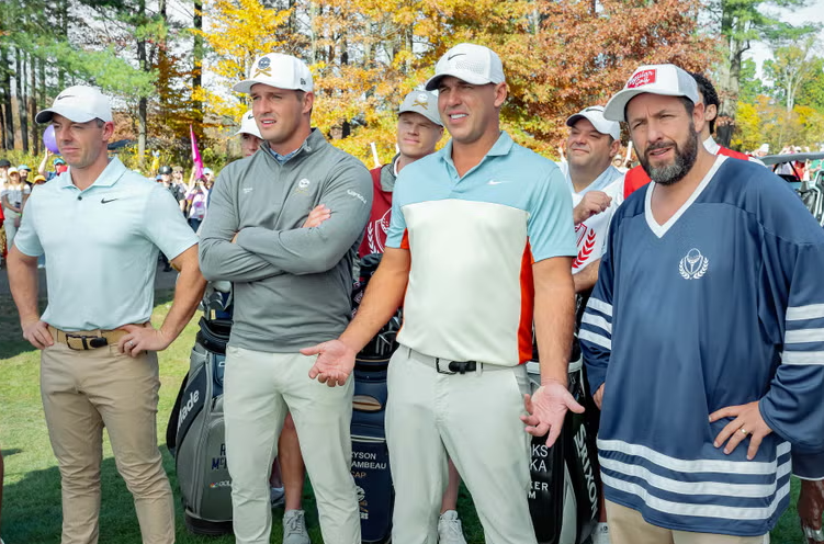 (From L to R) Rory McIlroy, Bryson DeChambeau, Brooks Koepka, and Adam Sandler in Happy Gilmore 2