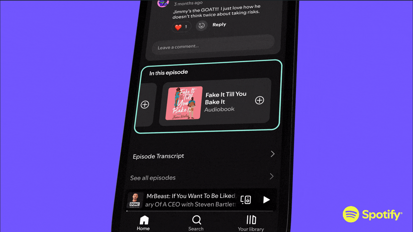 A Spotify podcast with the new 'In this section' feature displayed under the episode page